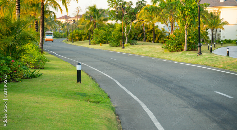 Road in vacation resort with green trees, grass and early sunlight