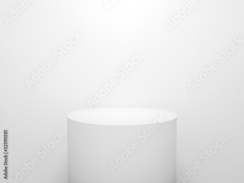 3d exhibition stand. white blank empty podium isolated on gray background for presentation and exposition. 3d cylinder for mock up store. Pedestal for display product. Interior stage design. photo