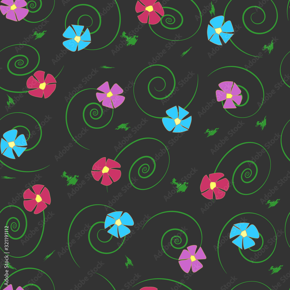 seamless pattern. simple five-petalled flowers of violet, lilac, blue, burgundy color with green curls and brush strokes on a dark background. seamless pattern. simple five-petalled flowers of violet, lilac, blue, burgundy color with green curls and brush strokes on a dark background.