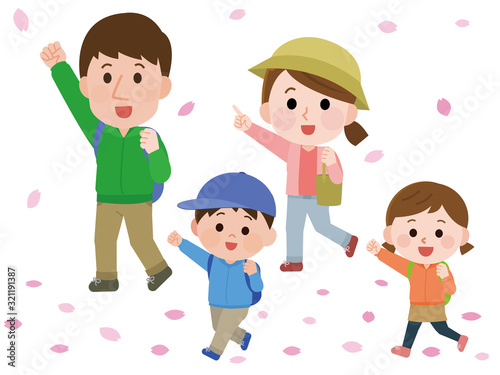 花見　ハイキング　桜　家族　イラスト