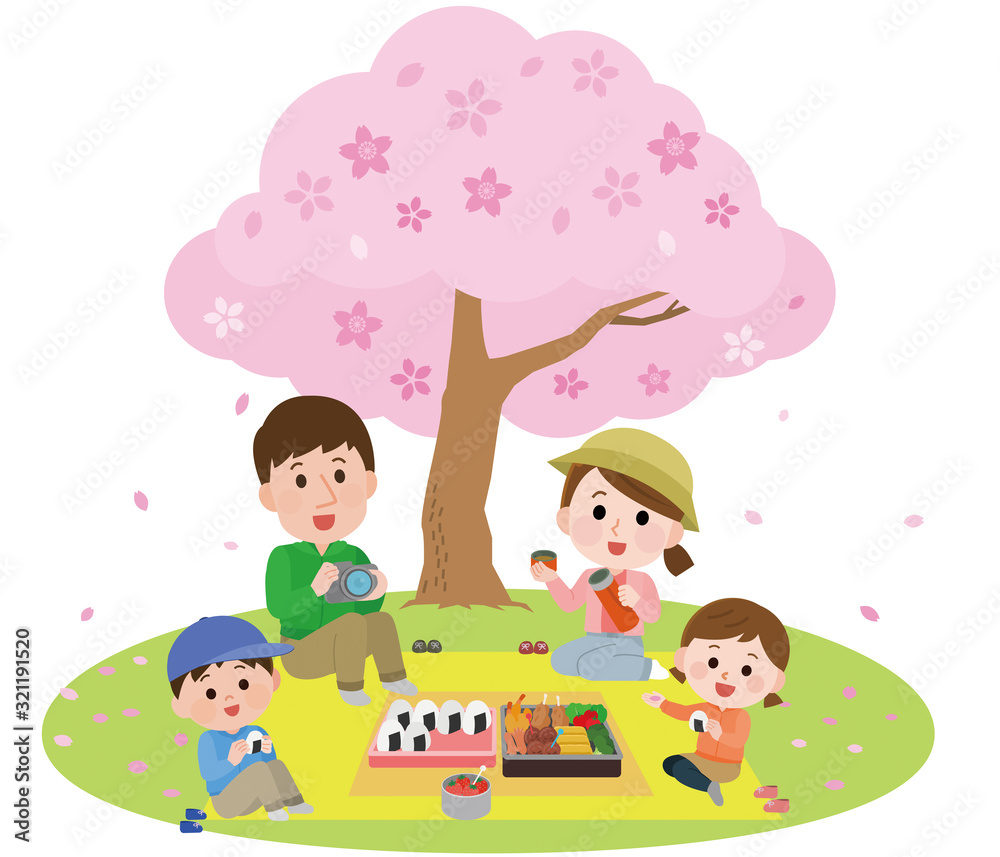 花見 ハイキング 桜 弁当を食べる親子 イラスト 花見 ハイキング 桜 弁当を食べる親子 イラスト