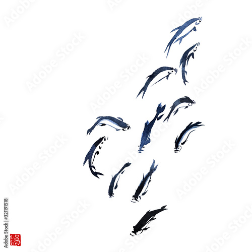 Ink koi fishes carp watercolor illustration in traditional style with stamp.