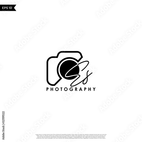 Initial Letter ES with camera. Logo photography simple luxury vector.