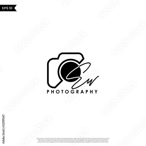 Initial Letter EW with camera. Logo photography simple luxury vector.