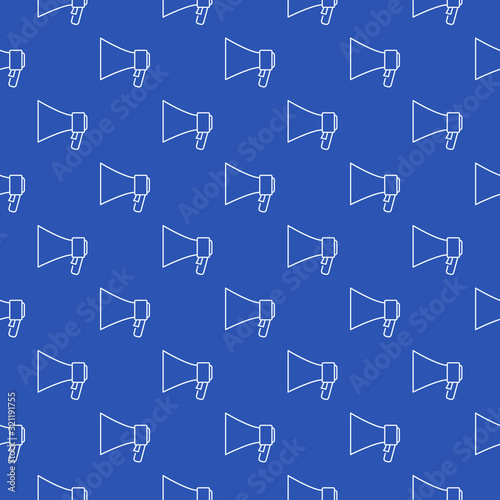 Megaphone vector seamless outline pattern with blue background