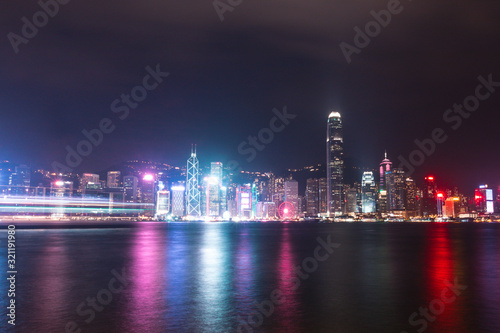 Night view from Victoria harbour waterfront  Hong Kong