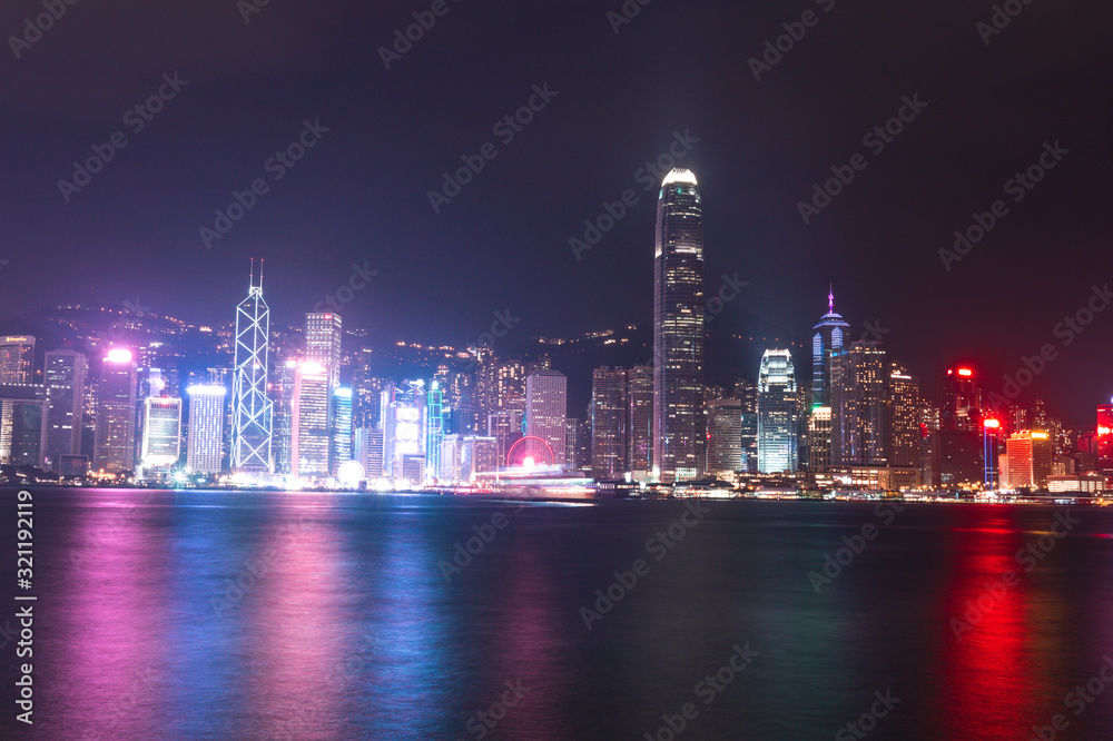 Night view from Victoria harbour waterfront, Hong Kong