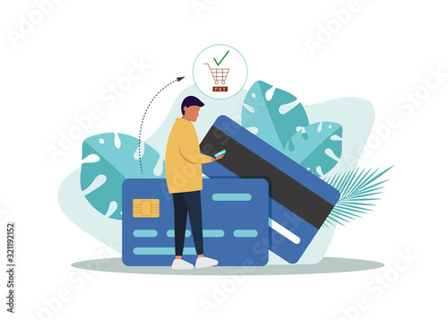 Flat design concept payment. hand click mobile device and payment icon. Vector