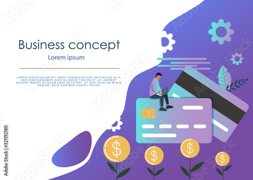 Mobile banking concept illustration of people standing near credit cards and using mobile smart phone for online banking and accounting. Flat men and women with credit cards and bank money symbols