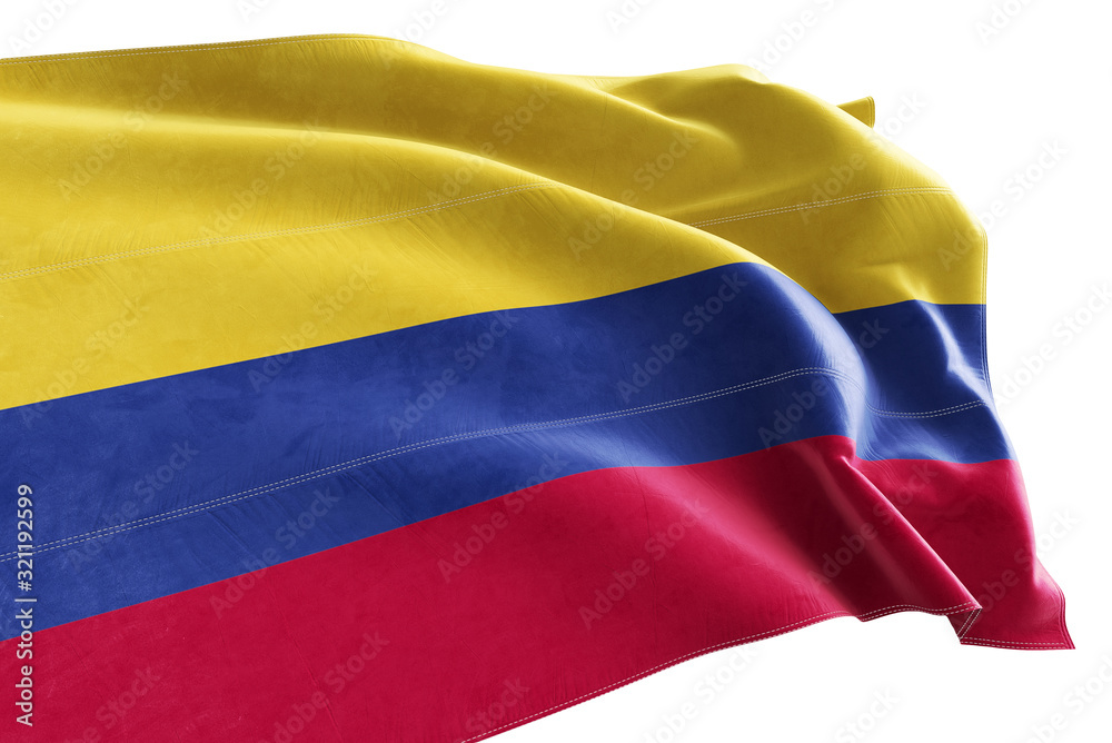 Naklejka premium 3d Rendered realistic fabric waving flag of Colombia on white background.