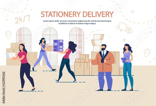 Stationary Appliance Delivery and Moving Office Service. Round-the-Clock Relocation Work Management. Man and Woman Workers Staff Characters Carrying Cardboard Boxes, Documents Folders Stack