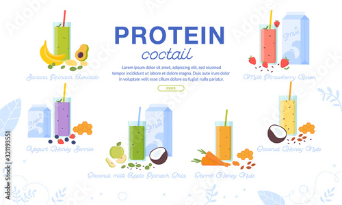 Protein Cocktails Assortment Advertising Banner. Sport Nutrition Order Delivery Service. Sweet Milk Shake with Fruits, Vegetables, Nuts, Honey. Fresh Smoothie Glass Cup Menu Set. Vector Illustration