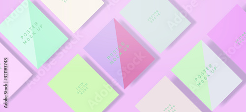 Flat lay of blank posters in pastel color tones with drop shadows. Realistic mock up template for print production: covers, flyers, banners.