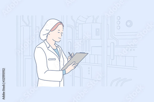Technologist, production quality control concept. Young woman technologist is checking equipment condition in factory. Girl inspector examines production quality control in plant. Simple flat vector.