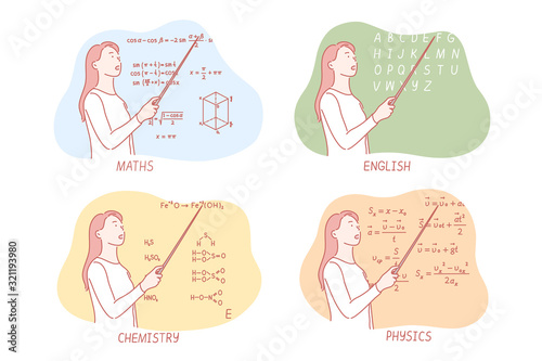 Teaching school subjects set concept, Young woman teaches maths at school. Teacher explains chemistry at college. Girl illustrates physical formulae at university. Female expounds english alphabet.