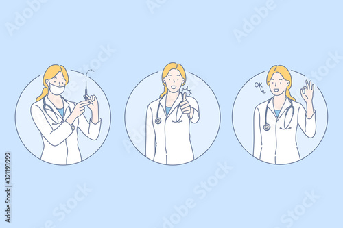 Healthcare, doctor set concept. Young woman doctor does vaccination, using syringe. Happy girl nurse with stethoscope shows like sign. Cheerful medical worker shows ok sign. Simple flat vector