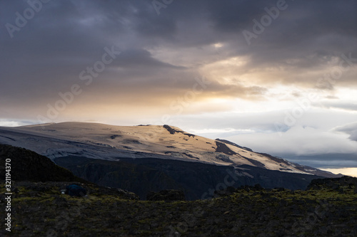 Beautiful landscape with glacier on the Fimmvorduhals trail during sunset, Iceland