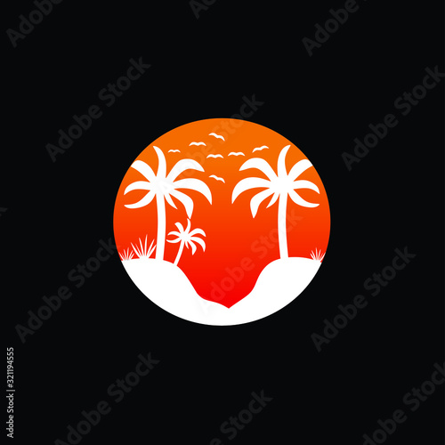 Beautiful sunset in the bay between palm tree template logo design ilustration vector