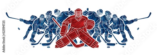 Group of Ice Hockey players action cartoon sport graphic vector.