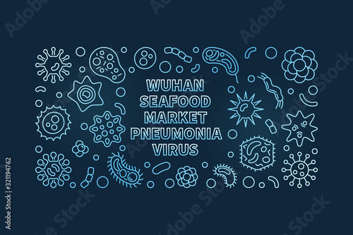 Vector Wuhan Seafood Market Pneumonia Virus vector concept outline blue banner on dark background