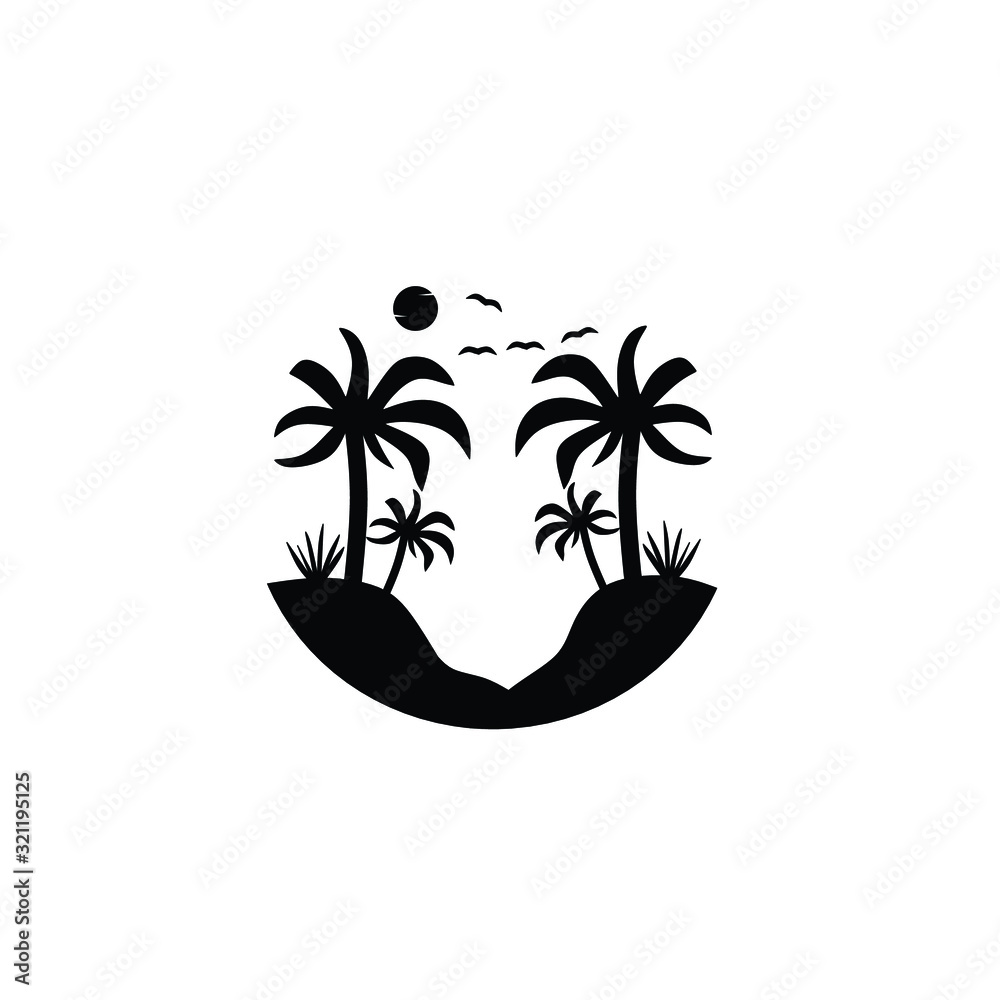 Beautiful sunset in the bay between  palm tree template logo design ilustration vector