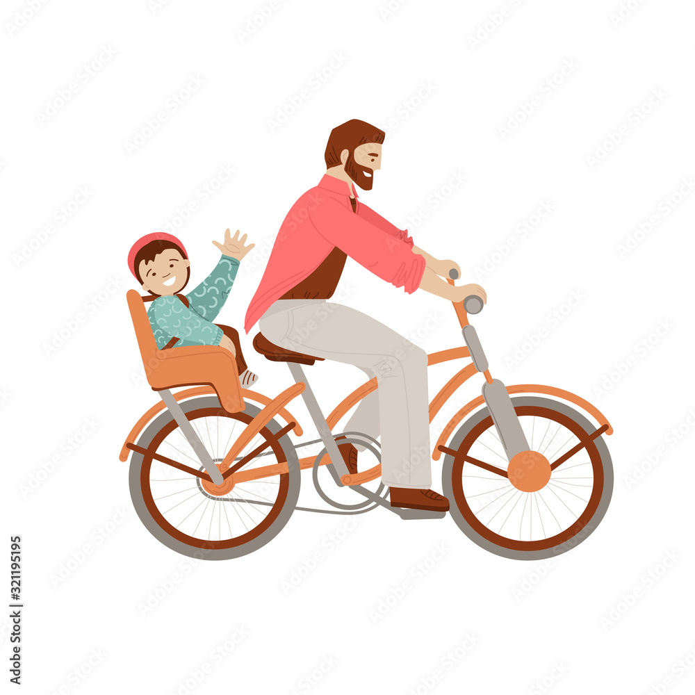 Happy father riding a bicycle with kid on baby carrier bike seat, waving his heand in cheer mood. Happy father with child doing summer activities on bike Happy father riding a bicycle with kid on baby carrier bike seat, waving his heand in cheer mood. Happy father with child doing summer activities on bike