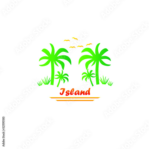 Beautiful island in the bay between  palm tree template logo design 