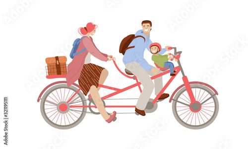 Vector cartoon illustration of happy family riding a Co-Pilot Bike Trailer, bicycle with two adults and one child in front on Child Bike Seat, Baby Carrier Seat. Family doing summer bike activities.
