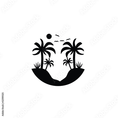 Beautiful sunset in the bay between palm tree template logo design ilustration vector