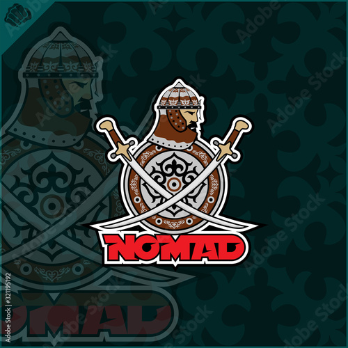 Central Asian warrior nomads, Isolated vector illustration in flat cartoon style logo . Kazakhstan.