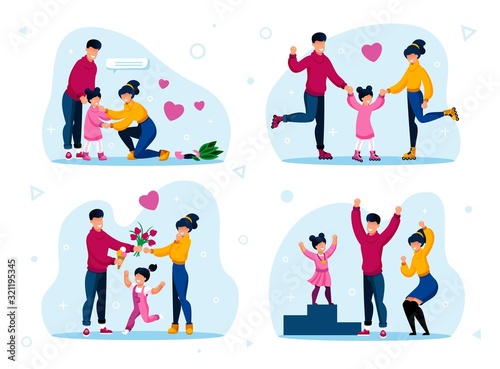 Family Happiness and Strong Relationships Trendy Flat Vectors Set. Parents Calming Down Daughter, Riding Roller-Skates, Spending Time Together, Proud of Child Winning in Competition Illustrations