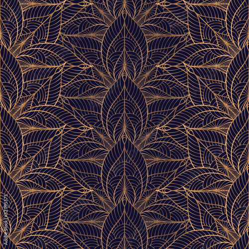 Peacock feathers floral royal pattern seamless. Gold black luxury background vector. Moroccan design for christmas wrapping paper, beauty spa, new year wallpaper, birthday gift, wedding party.