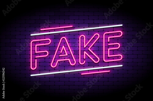 Fake news and false, fraud facts. Neon and glowing letters on a brick wall. Vector illustration to indicate faking stories and articles.