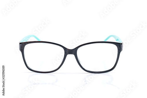 close up of eyeglasses in black and blue colors isolated on white background with copy space for text and message. 
