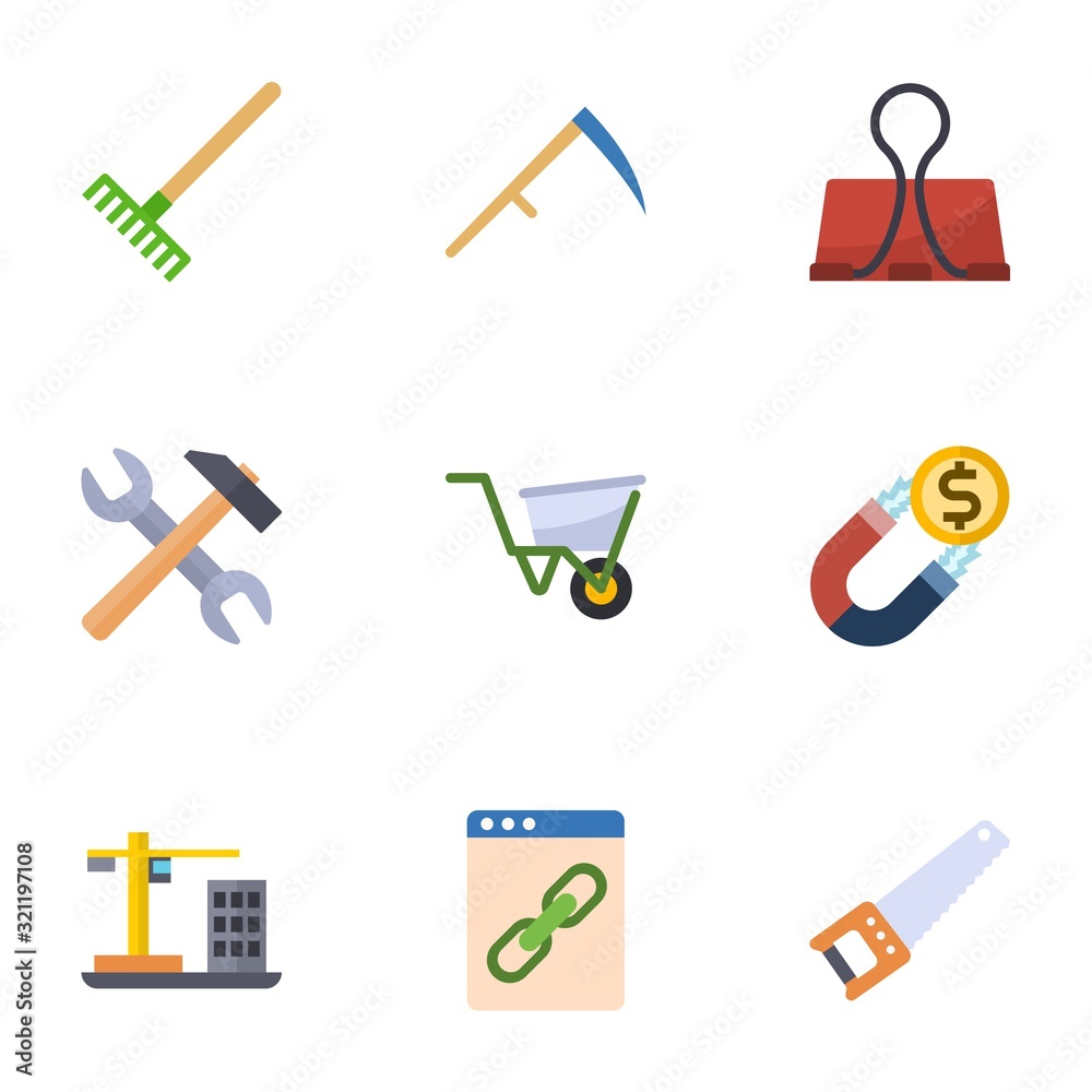 9 metal flat icons set isolated on white background. Icons set with Rake, Scythe, Binder clip, tools, wheelbarrow, Attract, Construction, Web Link, Hand saw icons.