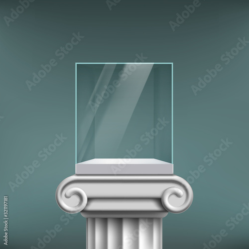 Empty glass cube showcase on an antique column. photo