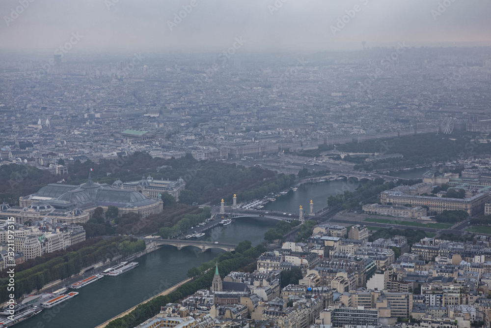 View from the Eiffel Tower on the river Seine and the city of Paris.
