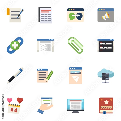 16 page flat icons set isolated on white background. Icons set with terms & conditions, Sheet, Information Architecture, link building, wireframe, Paperclip, Pen, SEO copywriting icons.