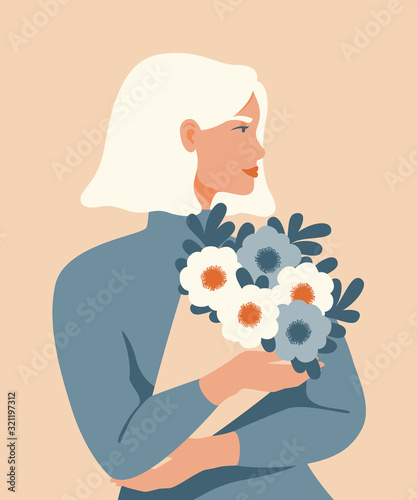 Beauty woman with blond hair holding a bouquet of spring flowers. Vector concept of pastel colors for the Mother's day, Valentine's day, March 8 women's day.