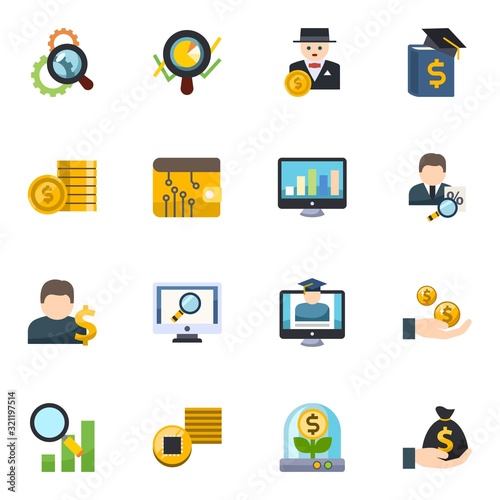 16 finance flat icons set isolated on white background. Icons set with Search optimization, Marketing analytics, rich man, bet, digital wallet, SEO monitoring, Account icons.