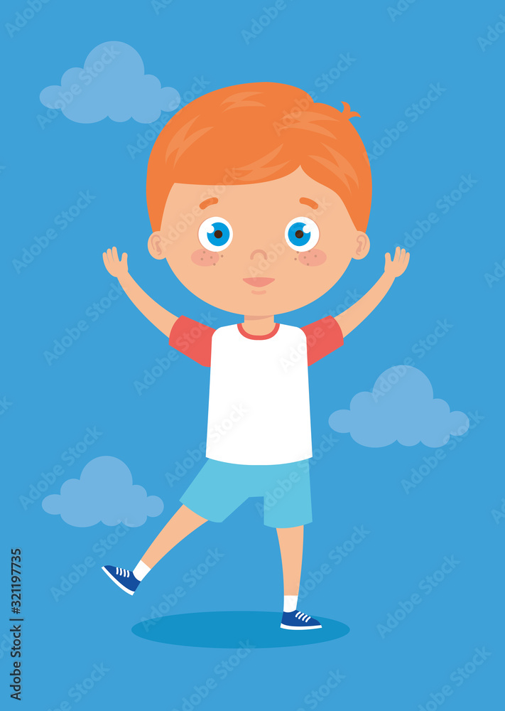 cute little boy with hands up and clouds vector illustration design