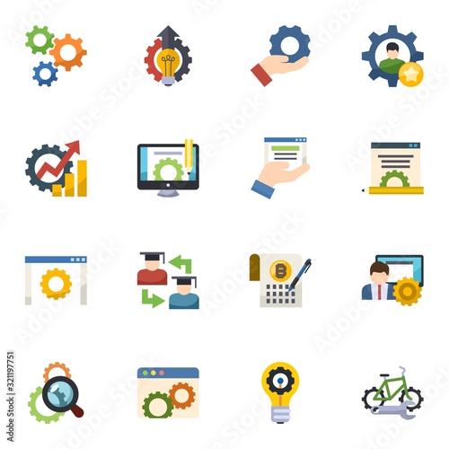 16 gear flat icons set isolated on white background. Icons set with cogwheel, Innovation business, Services, Productivity, Content management, web services, software, Web Infrastructure icons.