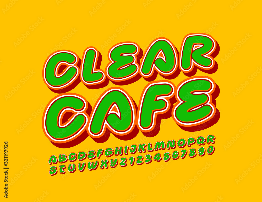 Vector bright logo Clear Cafe with green creative Font. Trendy Alphabet Letters and Numbers Vector bright logo Clear Cafe with green creative Font. Trendy Alphabet Letters and Numbers