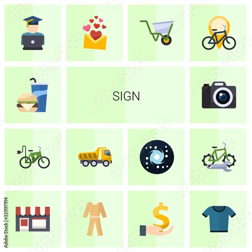 14 sign flat icons set isolated on white background. Icons set with Beverage, elektro bike, Tipper, Photography, eCommerce website, love message, wheelbarrow, Bike rental icons.