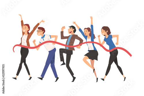 Business People Crossing the Finish Line, Team Leader Professional Competition Vector Illustration
