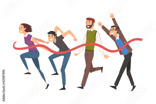 People Crossing the Finish Line, Professional Competition or Team Building Concept Vector Illustration