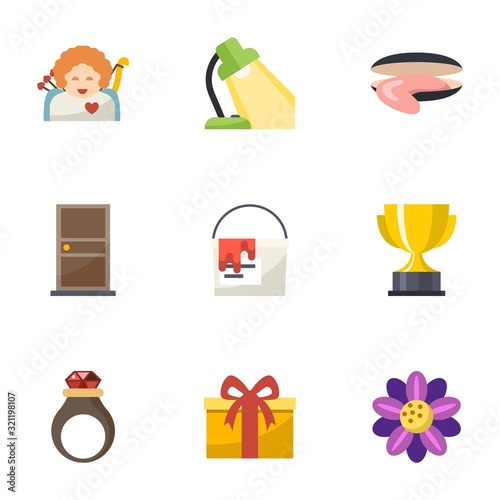 9 decoration flat icons set isolated on white background. Icons set with cupid angel, Table lamp, oyster, door, paint bucket, reward, handmade Jewelry, gift, Floral design icons.