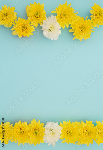 Yellow and white flowers on blue background. Mother’s Day, Spring concept. Greeting, invitation card. Flat lay, top view style with copy space for your text.