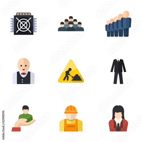 9 worker flat icons set isolated on white background. Icons set with ASIC Miner, employee, staff, Croupier, construction works, suit, client, builder, businesswoman icons.
