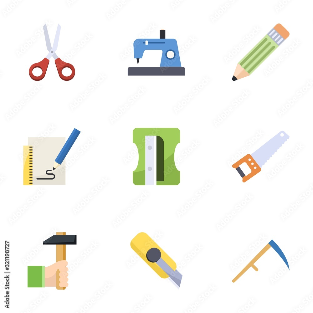 9 sharp flat icons set isolated on white background. Icons set with Scissors, Sewing, Pencil, Sketching, Sharpener, Hand saw, Handicraft, Cutter knife, Scythe icons. 9 sharp flat icons set isolated on white background. Icons set with Scissors, Sewing, Pencil, Sketching, Sharpener, Hand saw, Handicraft, Cutter knife, Scythe icons.